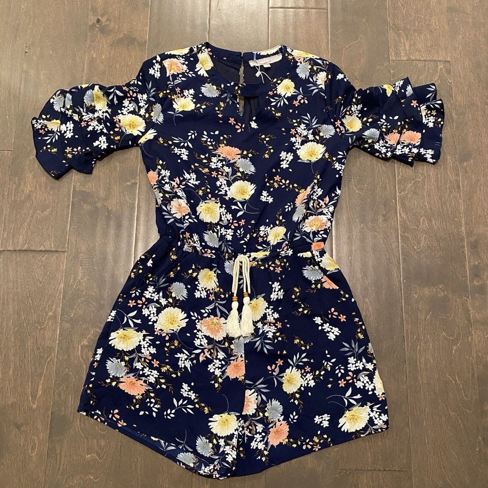 Girls Navy Floral Matching Set Romper with Tassel Tie